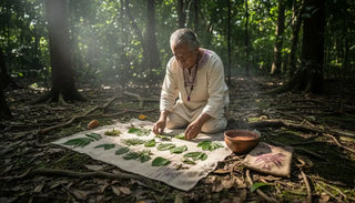 Plantes Sacrées : La Voie de Guérison Holistique, un guérisseur arrange des feuilles dans une forêt tropicale.