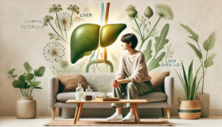 Illustration of a woman sitting on a couch with a liver graphic, highlighting Fatigue Chronique et Foie Surchargé : Le Lien Que Personne Ne Vous Explique.