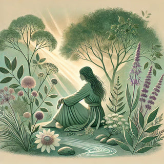 Illustration d'une femme entourée de plantes, représentant l'accompagnement des plantes en période de dépression.